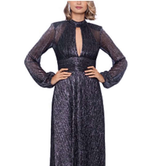 BETSY & ADAM Metallic-Threaded Front-Cutout Gown In Navy. - Picture 6 of 17